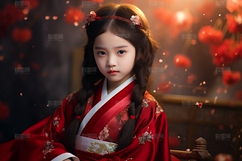 春节汉服女孩中国风红色CG