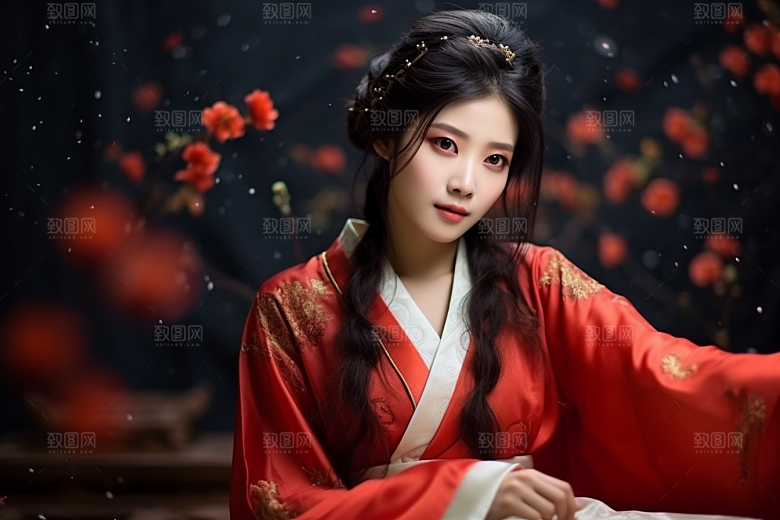 春节汉服女孩红色传统文化CG