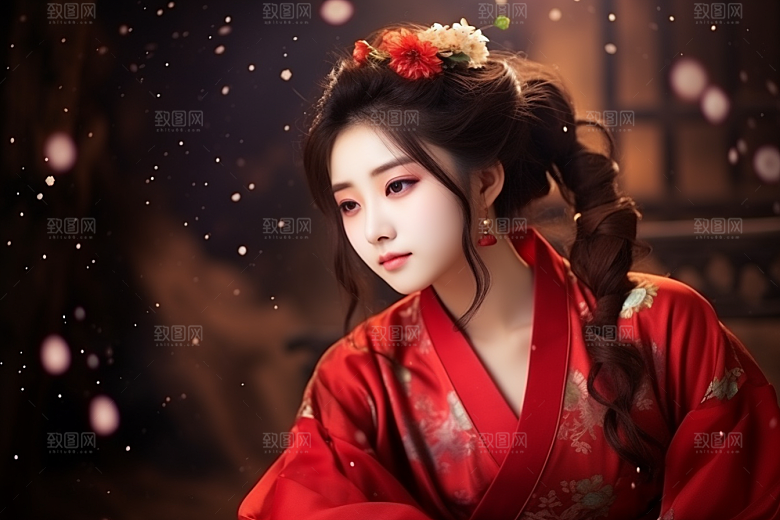 春节汉服女孩高清红色CG