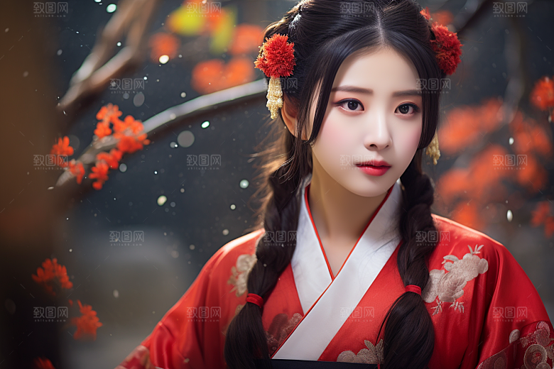 春节汉服女孩高清红色CG