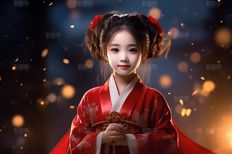 春节汉服女孩传统文化红色CG