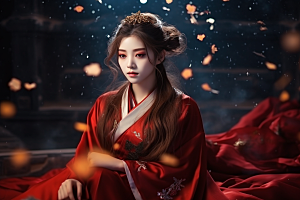春节汉服女孩红色传统文化CG