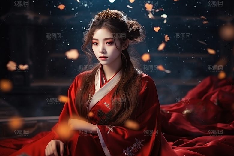 春节汉服女孩红色传统文化CG