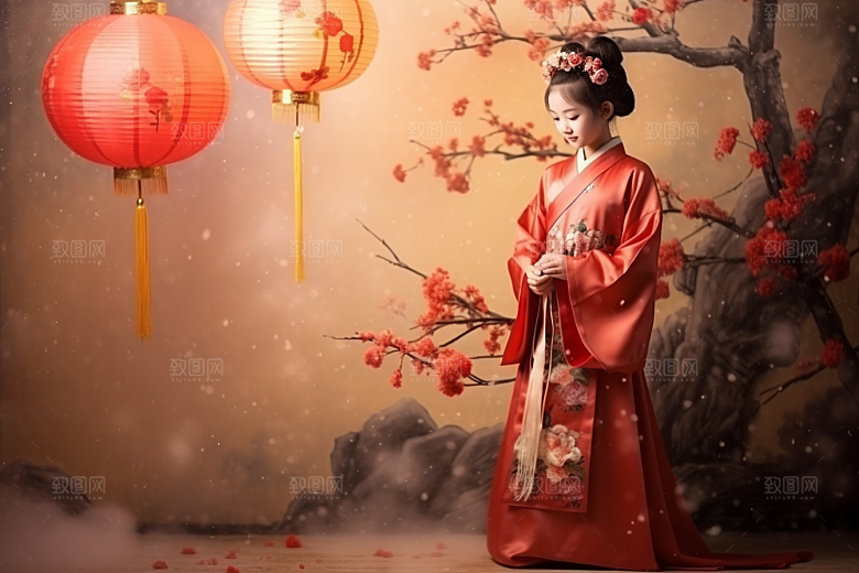 春节汉服女孩春日传统文化CG