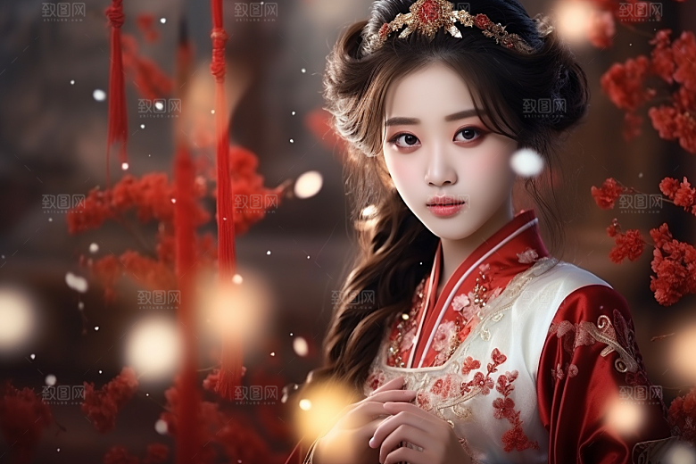春节汉服女孩红色新春CG