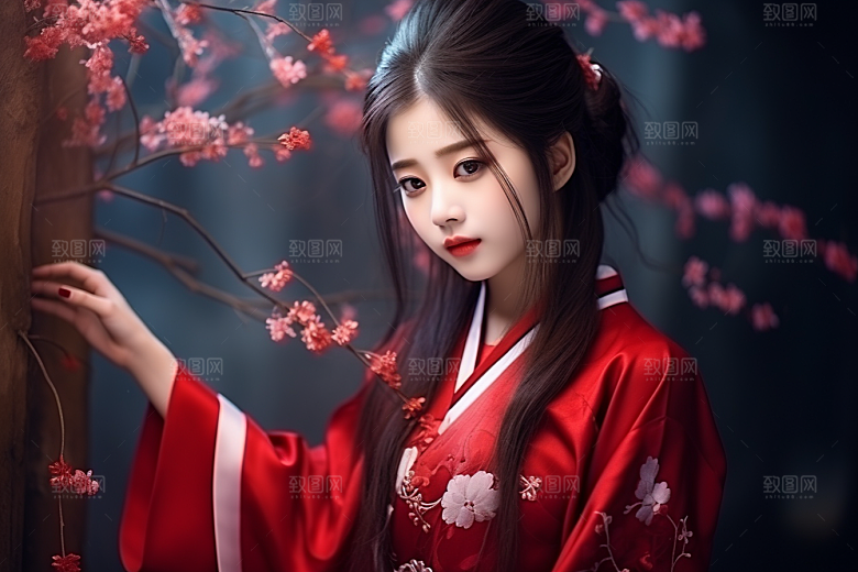 春节汉服女孩红色新春CG