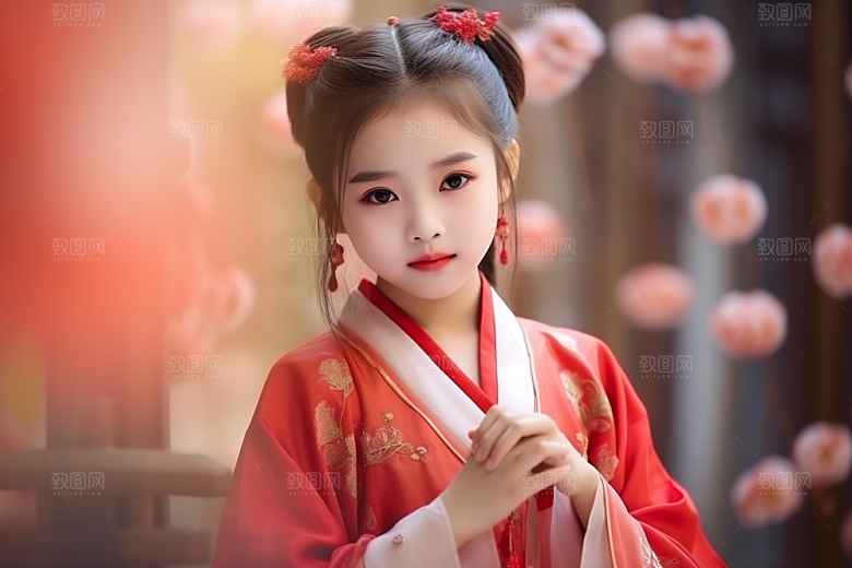 春节汉服女孩中国风红色CG