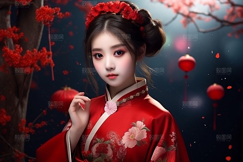 春节汉服女孩红色喜庆CG
