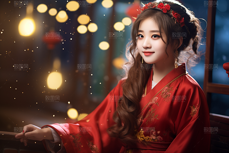 春节汉服女孩喜庆红色CG