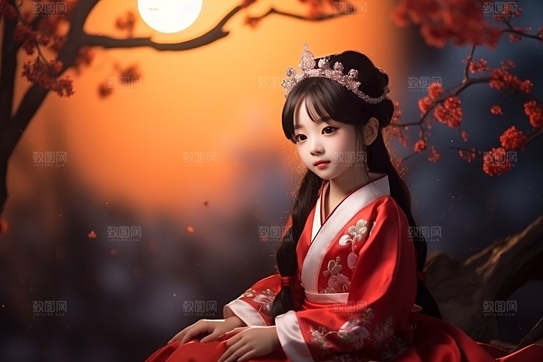 春节汉服女孩中国风红色CG