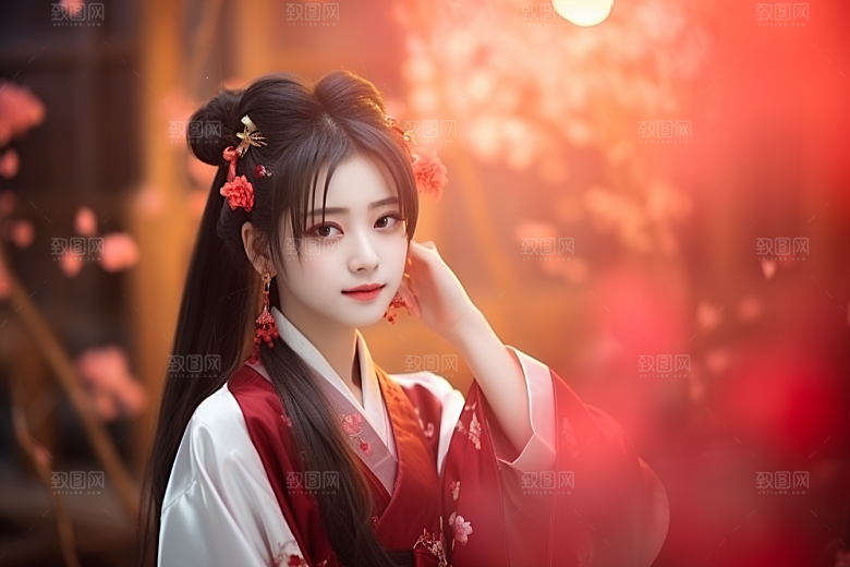 春节汉服女孩喜庆红色CG