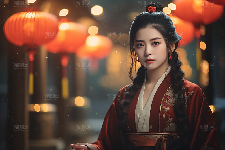 春节汉服女孩红色喜庆CG