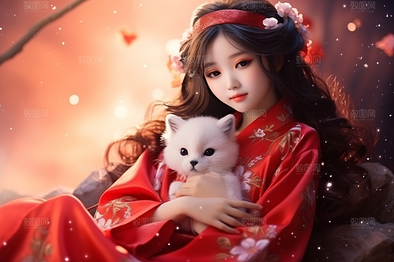 春节汉服女孩新春红色CG