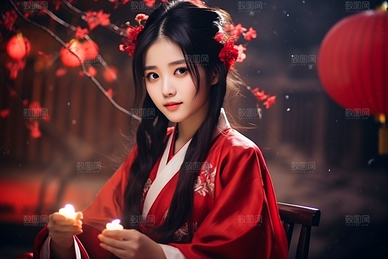 春节汉服女孩中国风红色CG
