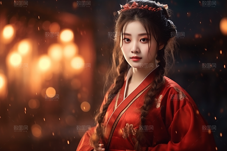 春节汉服女孩高清红色CG