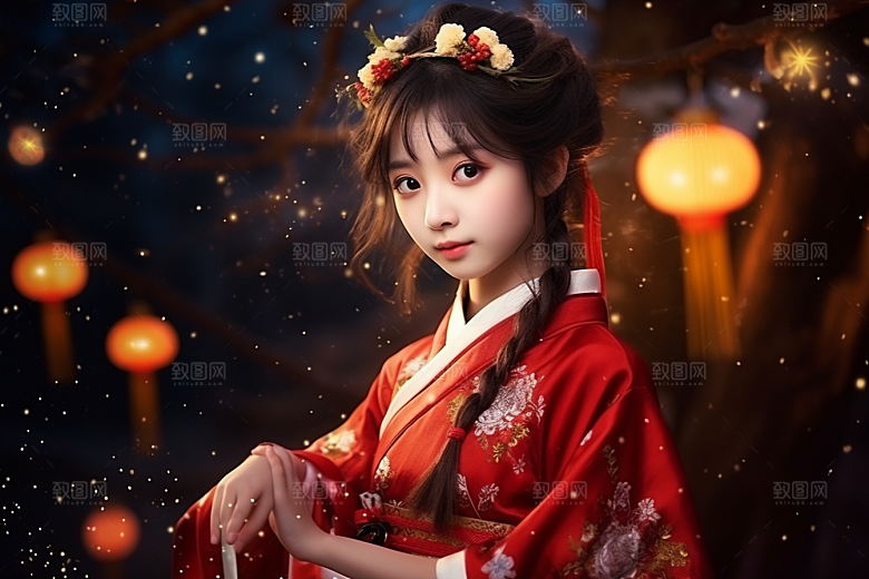春节汉服女孩红色喜庆CG