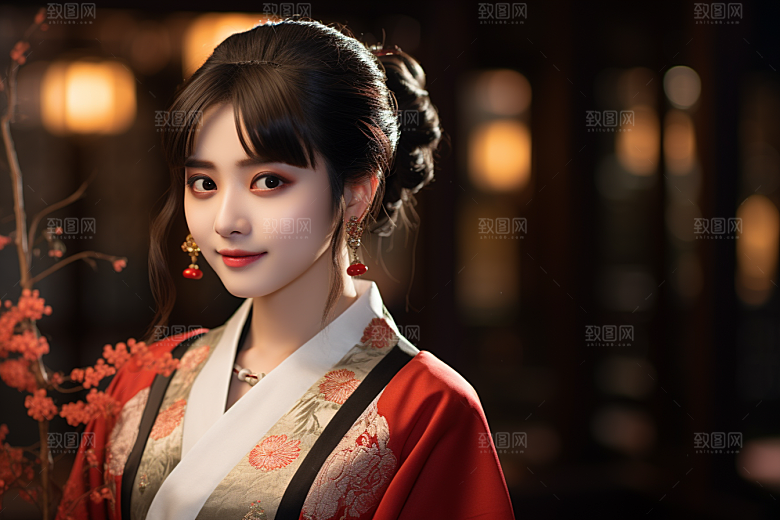 春节汉服女孩红色传统文化CG
