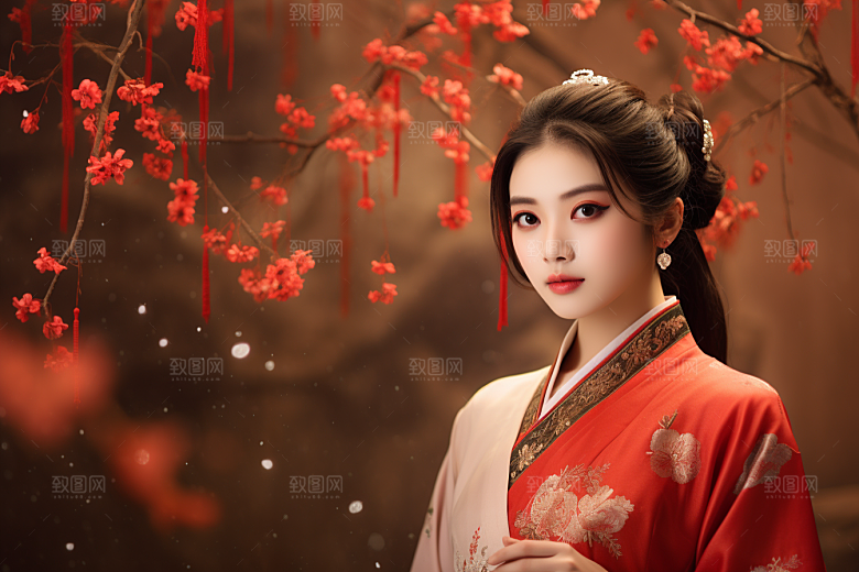 春节汉服女孩喜庆红色CG