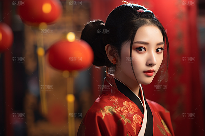 春节汉服女孩喜庆红色CG