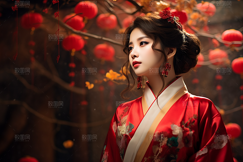 春节汉服女孩红色过年CG