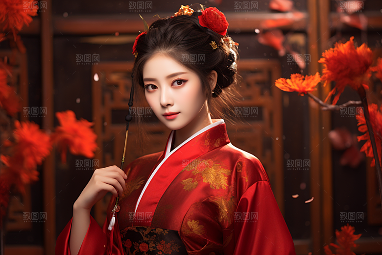 春节汉服女孩传统文化红色CG