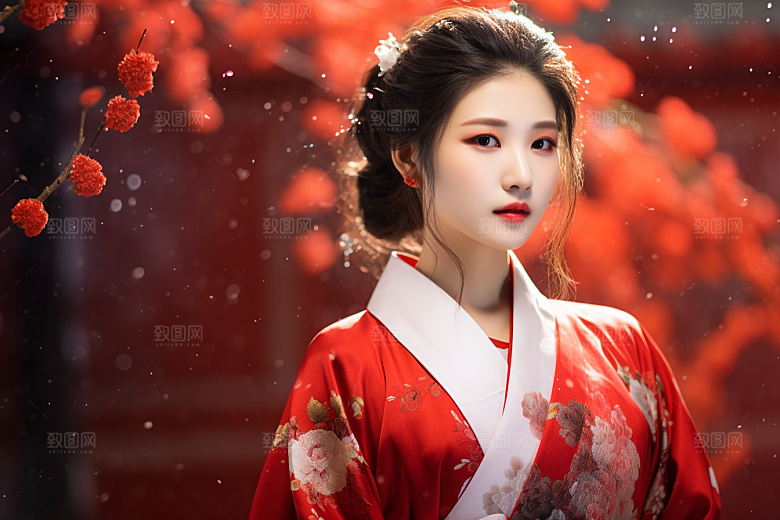 春节汉服女孩红色中国风CG