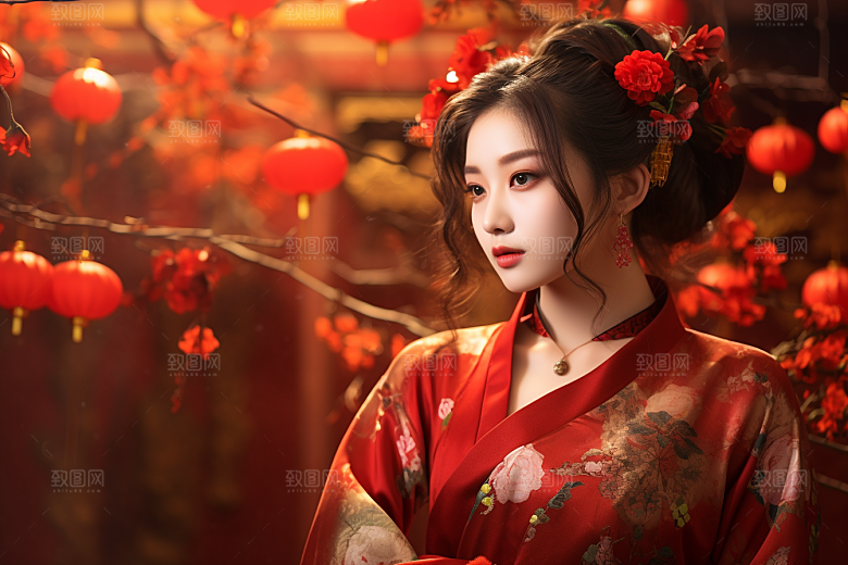 春节汉服女孩喜庆过年CG