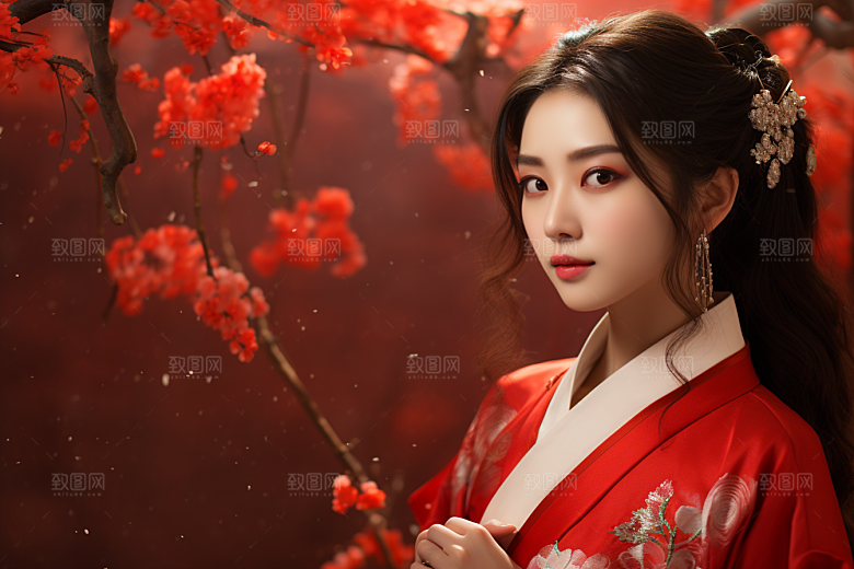 春节汉服女孩红色中国风CG