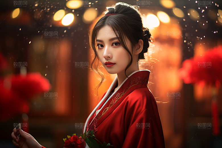 春节汉服女孩新春红色CG