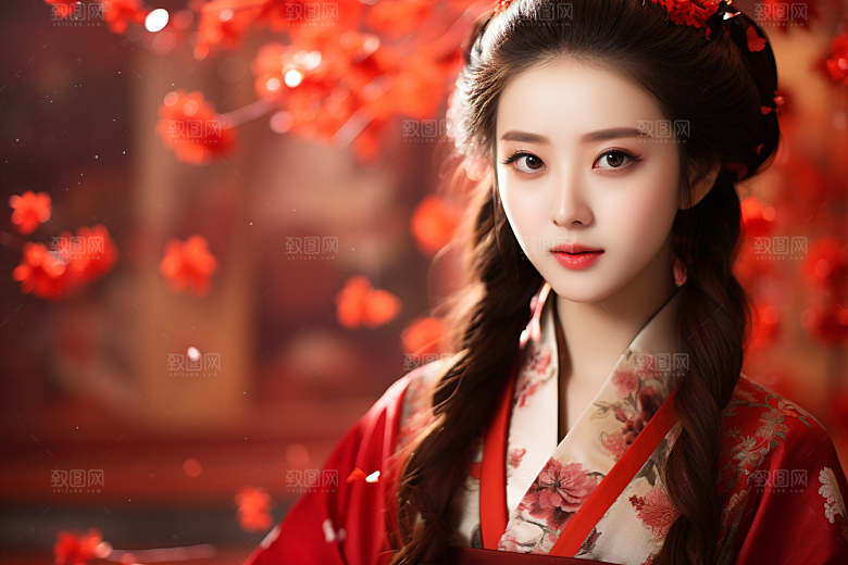 春节汉服女孩中国风红色CG