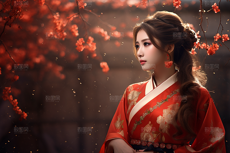 春节汉服女孩红色新春CG