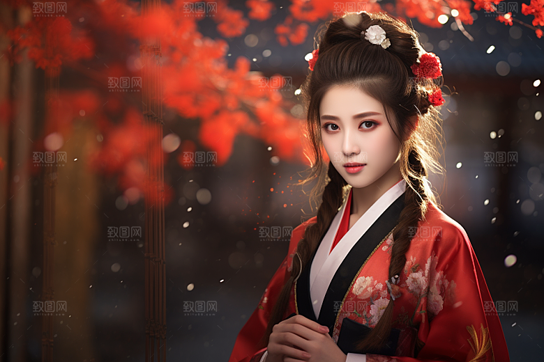 春节汉服女孩新春红色CG
