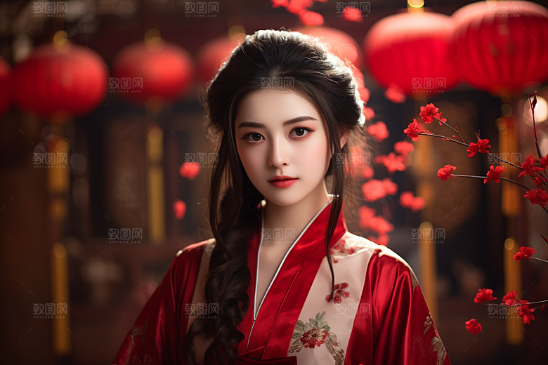春节汉服女孩红色传统文化CG