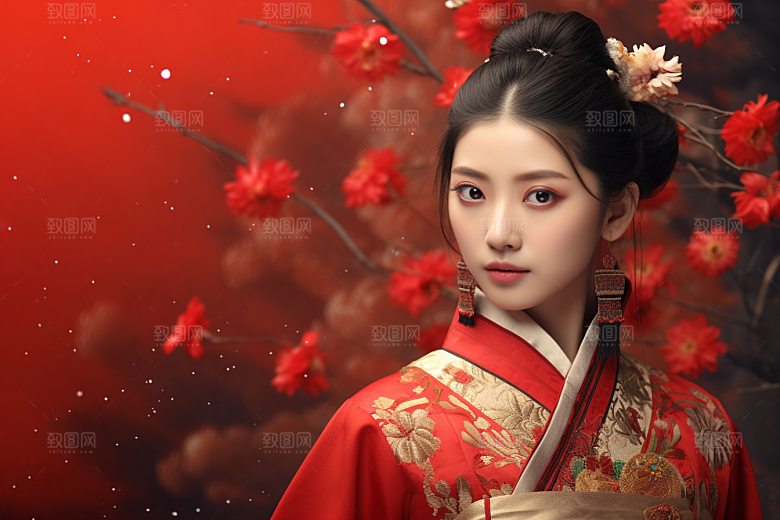春节汉服女孩高清红色CG
