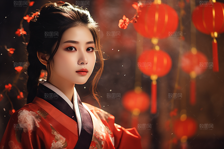 春节汉服女孩红色喜庆CG