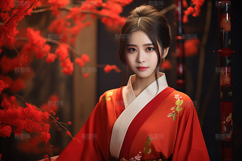 春节汉服女孩中国风红色CG