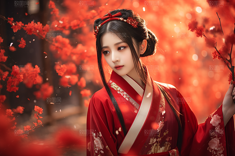 春节汉服女孩高清红色CG