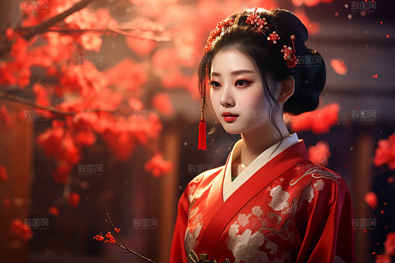 春节汉服女孩红色过年CG