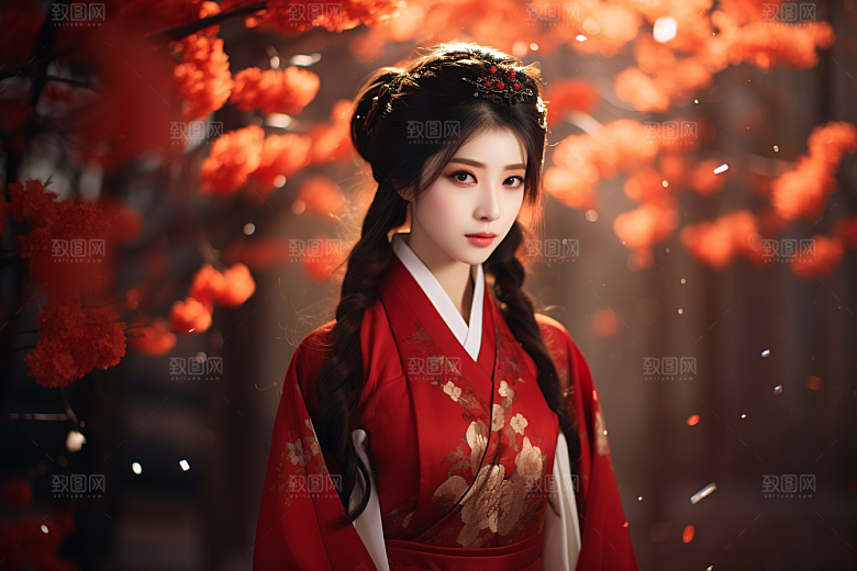 春节汉服女孩春日红色CG