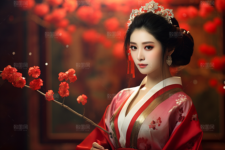 春节汉服女孩过年红色CG