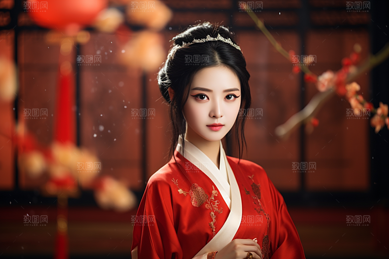 春节汉服女孩红色中国风CG