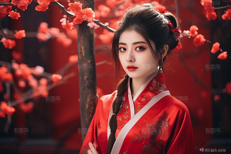 春节汉服女孩红色传统文化CG