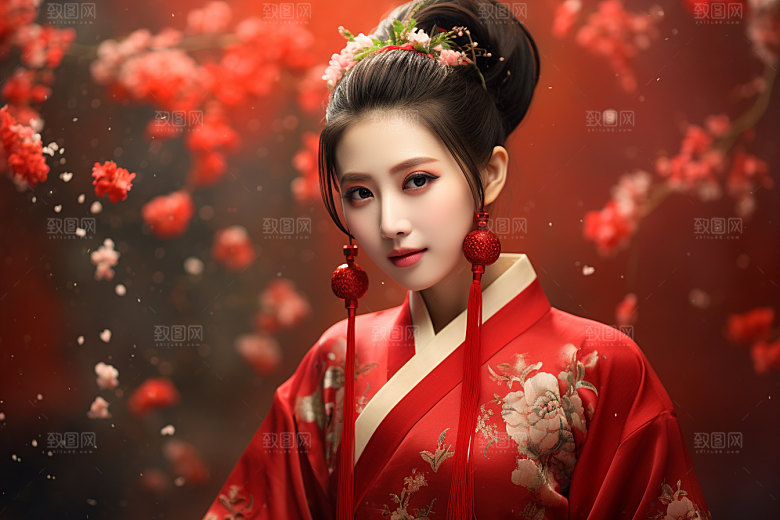 春节汉服女孩红色新春CG
