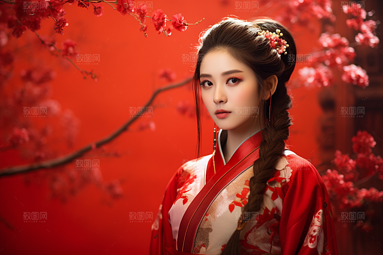 春节汉服女孩高清红色CG