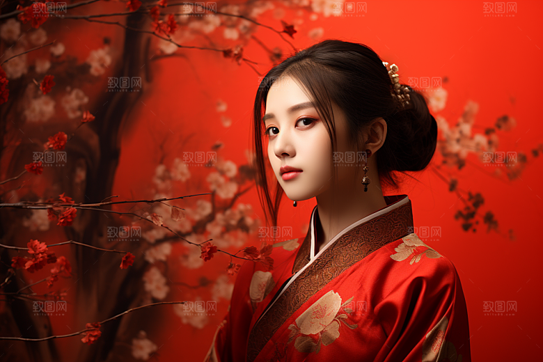 春节汉服女孩中国风红色CG