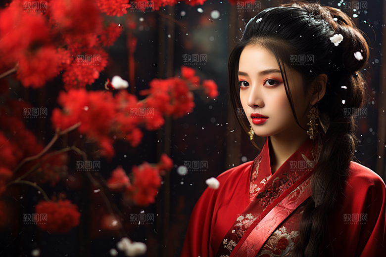春节汉服女孩红色中国风CG