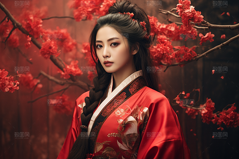 春节汉服女孩过年红色CG