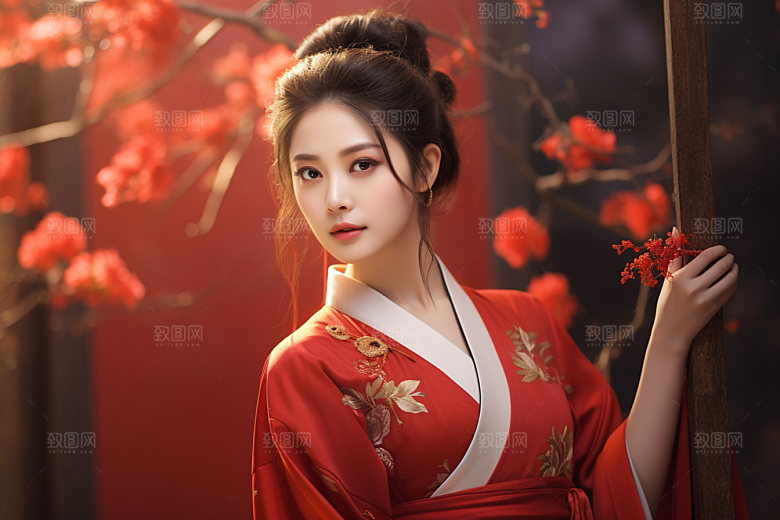 春节汉服女孩过年红色CG