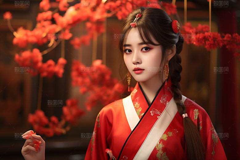 春节汉服女孩中国风红色CG