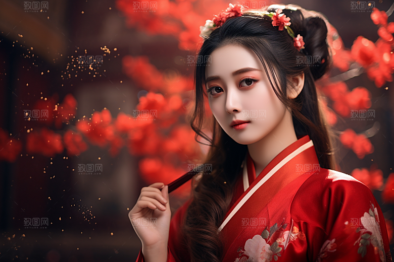春节汉服女孩春日红色CG